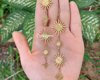 Pendientes Solar Blaze / Pendientes colgantes largos / Pendientes celestiales Sunburst Sun Star hasta los hombros / Pendientes Boho / Regalo para mujeres