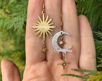 Sun & Moon Celestial Dangle Drop Boho  Earrings | Mismatched Asymmetrical Earrings | Crystalyana | Hypoallergenic Jewelry | Hypoallergenic