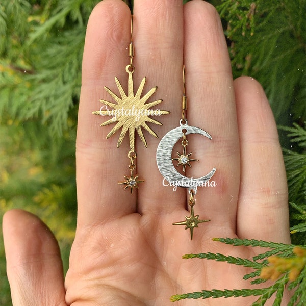 Sun & Moon Celestial Dangle Drop Boho  Earrings | Mismatched Asymmetrical Earrings | Crystalyana | Hypoallergenic Jewelry | Hypoallergenic