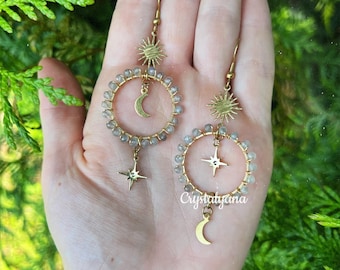 Orecchini pendenti in cristallo di labradorite fatti a mano / Sole, Luna e Stella / Orecchini pendenti boho