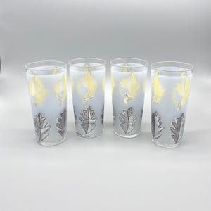 Vintage Libbey Yellow And Black Leaf Frosted Tall Glasses Set Of 4