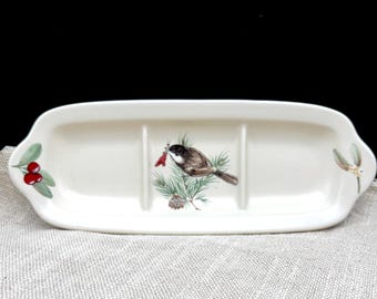 Vintage Pfaltzgraff Winterwood Canvas Tan Chickadee Divided Dish, 3 Section Holiday Serving Tray