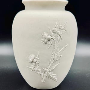 Vintage Thistle Beige Colbalt Blue Bisque Stoneware Vase by Chester Chapman New Hampshire