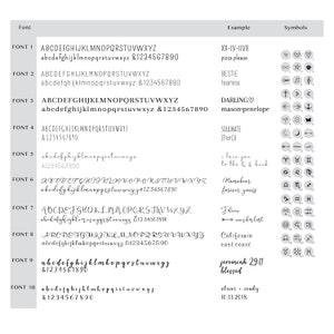May include: A chart showing 10 different fonts with their corresponding uppercase and lowercase letters, numbers, and symbols. The chart also includes examples of how the fonts can be used and a variety of symbols that can be used with the fonts.