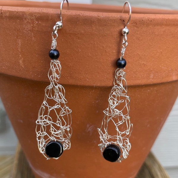 Handmade unique knitted drop shaped delicate neutral earrings