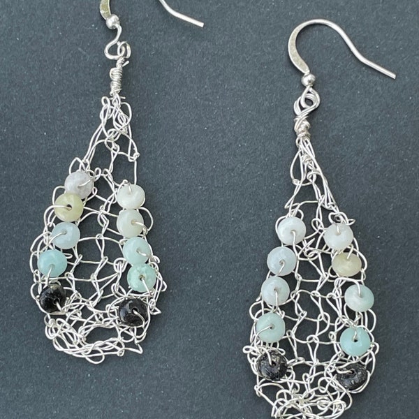 Handmade unique knitted wire and amazonite drop shaped delicate earrings