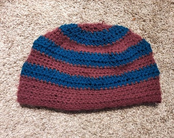 Adult Beanie Burgundy maroon teal stripes winter hat