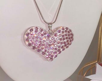 Valentines Day Gift For Her, Pink Crystal Heart Shape Necklace, Clear Lucite, Acrylic, Heart Shaped Pendant With Chain, Pink Heart Necklace