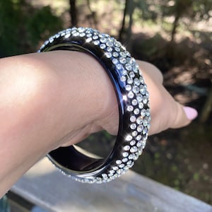 Large Bangle Bracelet For Women, Black Acrylic, Crystal Studded Bangle Bracelet, Trendy Bracelets, Statement Jewelry For Party, Rare Find