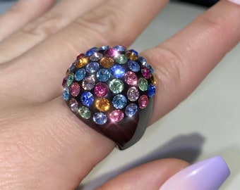 Dome Ring, Acryl Ringe, Multicolor Kristall Statement Ring, Trendy Cockatil Ring, Geburtstagsgeschenk für sie, Womens Crystal Rings, Fun Ringe