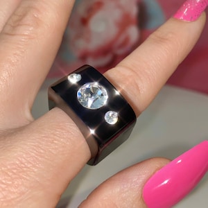 Chunky Wide Band Ring, Black Acrylic Statement Ring, 3 stone Swarovski Crystal Gemstones, Unique Cube Shape, Artistic Handmade Jewelry Gift