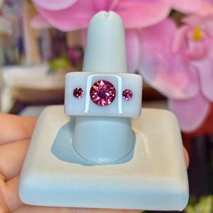 Wide Band Pink Crystal Cube Ring, White Acrylic Statement Ring, Chunky Bold Stack Ring, Handmade Pink Gemstone Cocktail Ring For Party, Gift