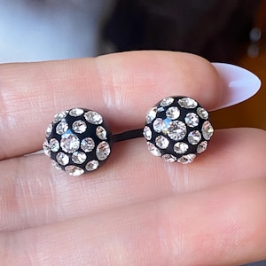 Dainty black acrylic stud earrings, Crystal embellished earrings for women, Small studs, Minimalist earrings, Pretty earrings, 12mm, Studs