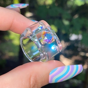 Crystal Cube Ring, Clear Crystal Ring, Lucite Ring, Aurora Borealis Jewelry, Chunky Cocktail Ring, Gift For Her, Iridescent Crystal AB Ring