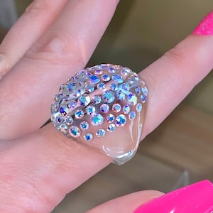 Aurora Borealis Crystal Ring, Lucite Ring, Clear Dome Ring, Statement Ring, Acrylic Ring, Gift For Her, Iridescent Ring, AB Multi Stone Ring