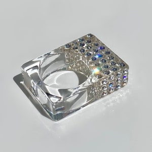 Unique Crystal Clear Acrylic Cube Statement Ring For Women, Handmade Geometric Cocktail Ring, Transparent Jewelry, Wide Chunky Art Deco Ring