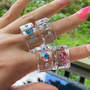 Modern Crystal Geometric Cube Shaped Acrylic Statement Rings, Chunky Wide Band, Unique Clear Gemstone Swarovski Cocktail Rings, Gift For Her