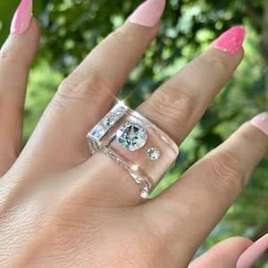 Handmade Clear Acrylic Crystal Gemstone Statement Ring, Chunky Band, Unique Cube Ring, Swarovski Rings, Luicte Jewelry, Summer Cocktail Ring