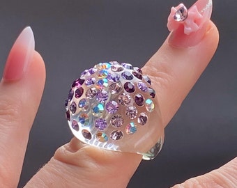 Purple Crystal Mixed Acrylic Dome Ring, Last Size 5, Statement Ring, Amethyst, Tanzanite, Aurora Borealis Mixed Multi Crystal Gemstone Ring