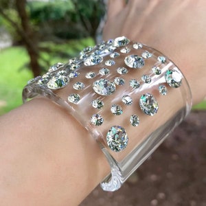 Handmade Swarovski Crystal Lucite Statement Cuff Bracelet For Women, Oversized Acrylic Bracelet, Gemstone Jewelry, Birthday Gift For Her