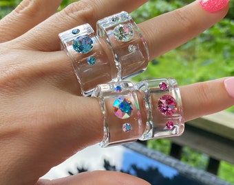 Colorful Swarovski Crystal Acrylic Cube Rings, Unique Statement Rings For Women, Chunky Bold Gemstone Rings For Summer, Clear Lucite Rings