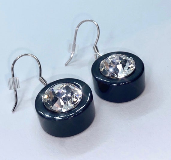 Round Crystal Drop Earrings, Swarovski Crystal Gemstones, Black Dangle Drop Statement Earrings, Acrylic, Anniversary Gift, Acrylic Jewelry