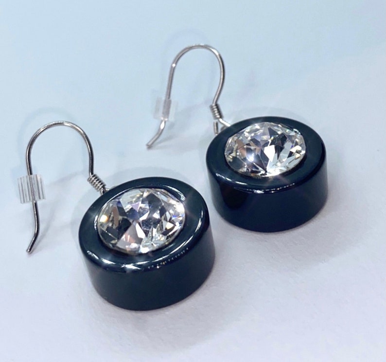 Round Crystal Drop Earrings, Swarovski Crystal Gemstones, Black Dangle Drop Statement Earrings, Acrylic, Anniversary Gift, Acrylic Jewelry image 1