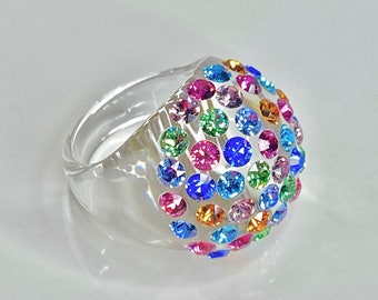 Acrylic Ring, Multi Colored Crystal Gemstone Ring, Dome Ring, Gift For Her, Clear Jewelry, Colorful Crystal Rings, Mixed Stone Art Deco Ring