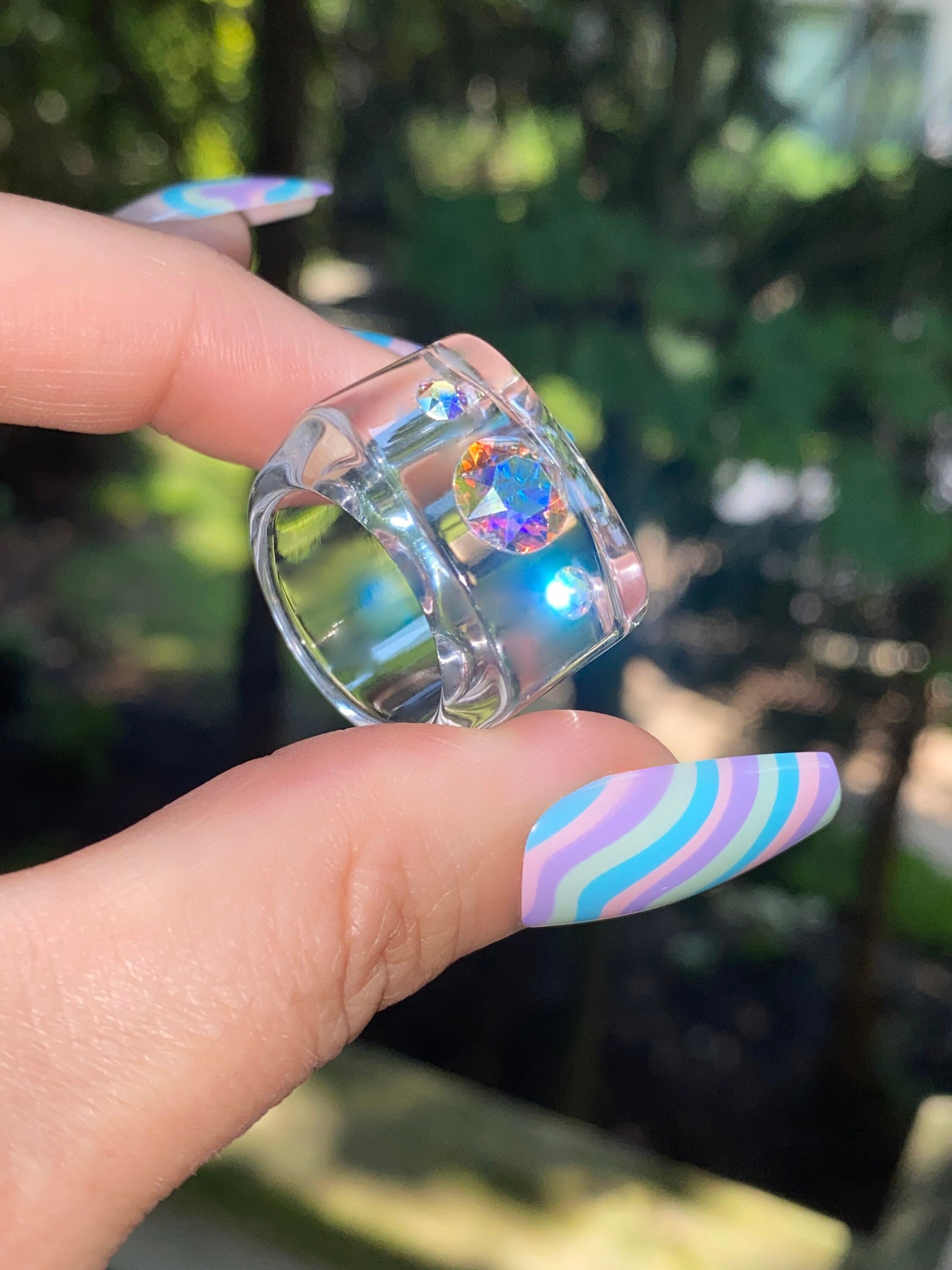 Crystal Cube Ring, Clear Crystal Ring, Lucite Ring, Aurora Borealis Jewelry, Chunky Cocktail Ring, Gift For Her, Iridescent Crystal AB Ring
