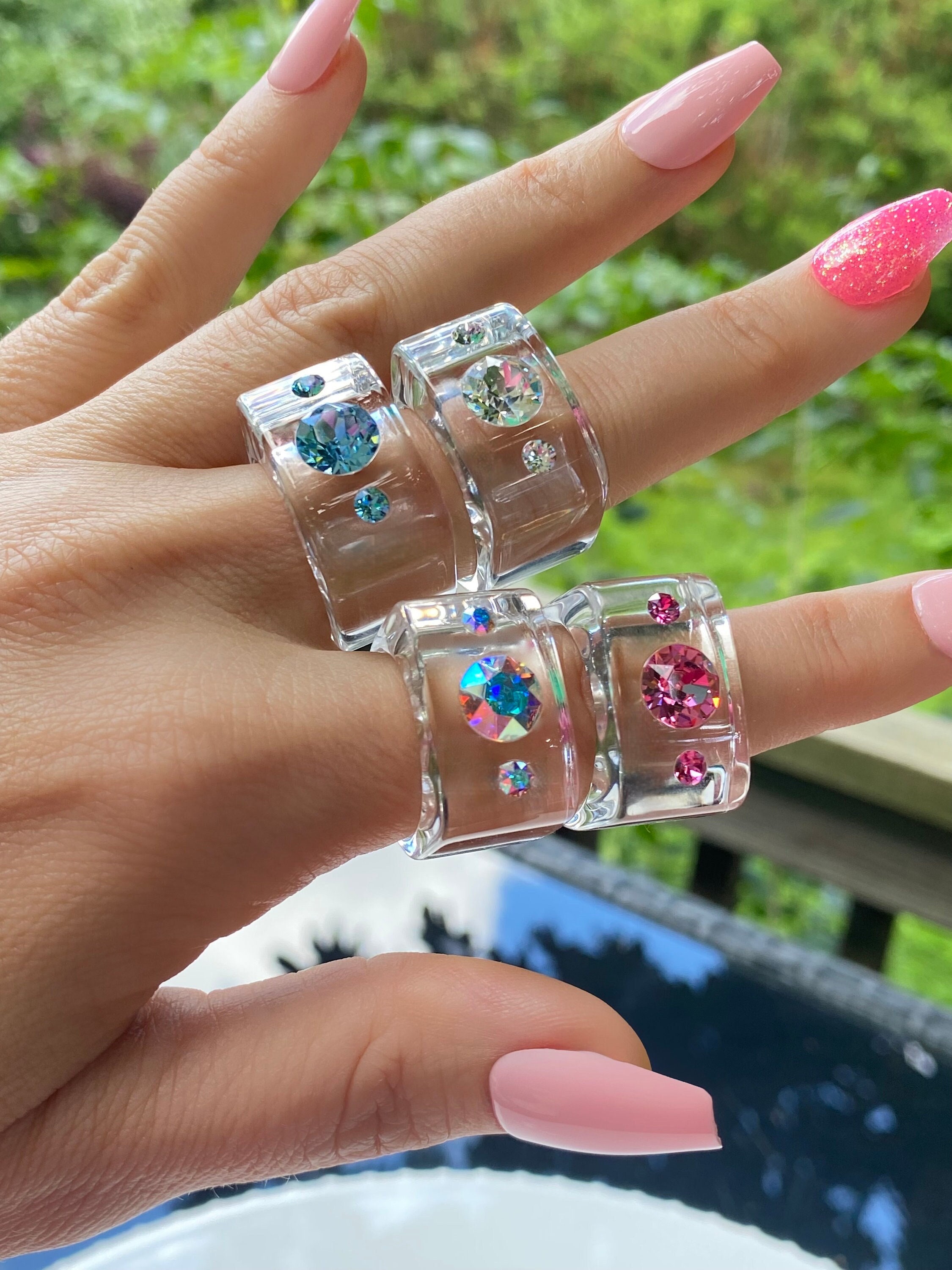 Crystal Lucite Cube Rings, Chunky Rings, One of a kind Jewelry, Statement Rings, Ring Gift For Her, Crystal Rings, Multi Stone Cocktail Ring