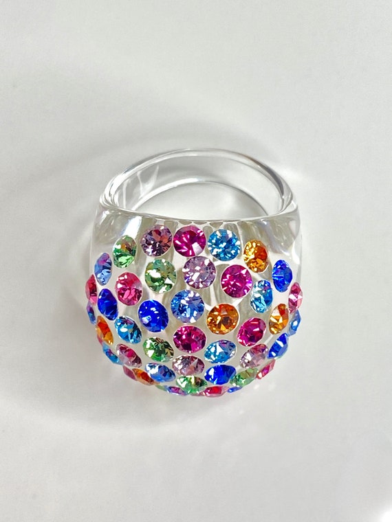 Acrylic Ring, Multi Colored Crystal Gemstone Ring, Dome Ring, Gift For Her, Clear Jewelry, Colorful Crystal Rings, Mixed Stone Art Deco Ring