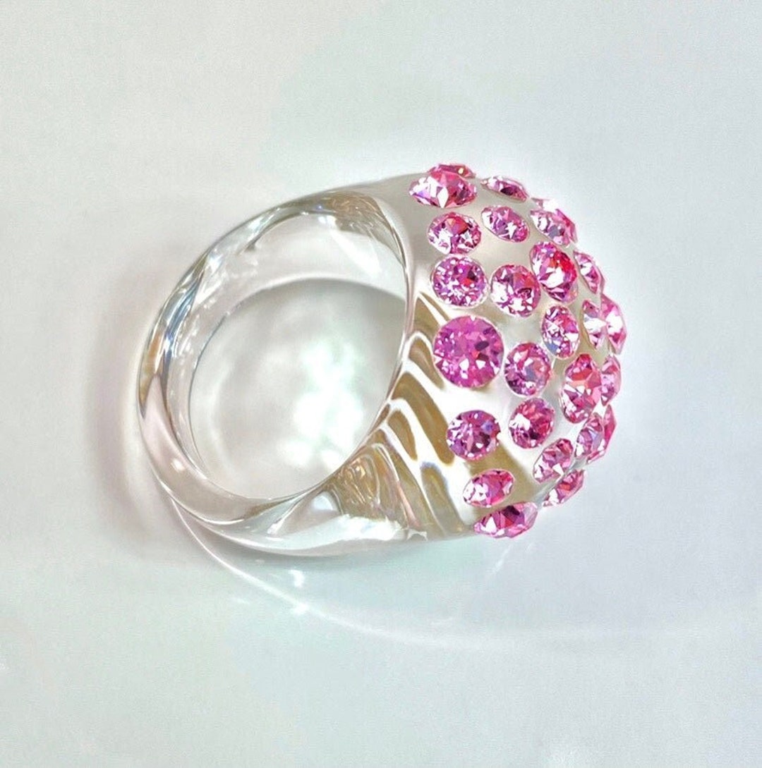 Pink Crystal Gemstone Dome Ring Statement Ring Gift for Her Clear ...