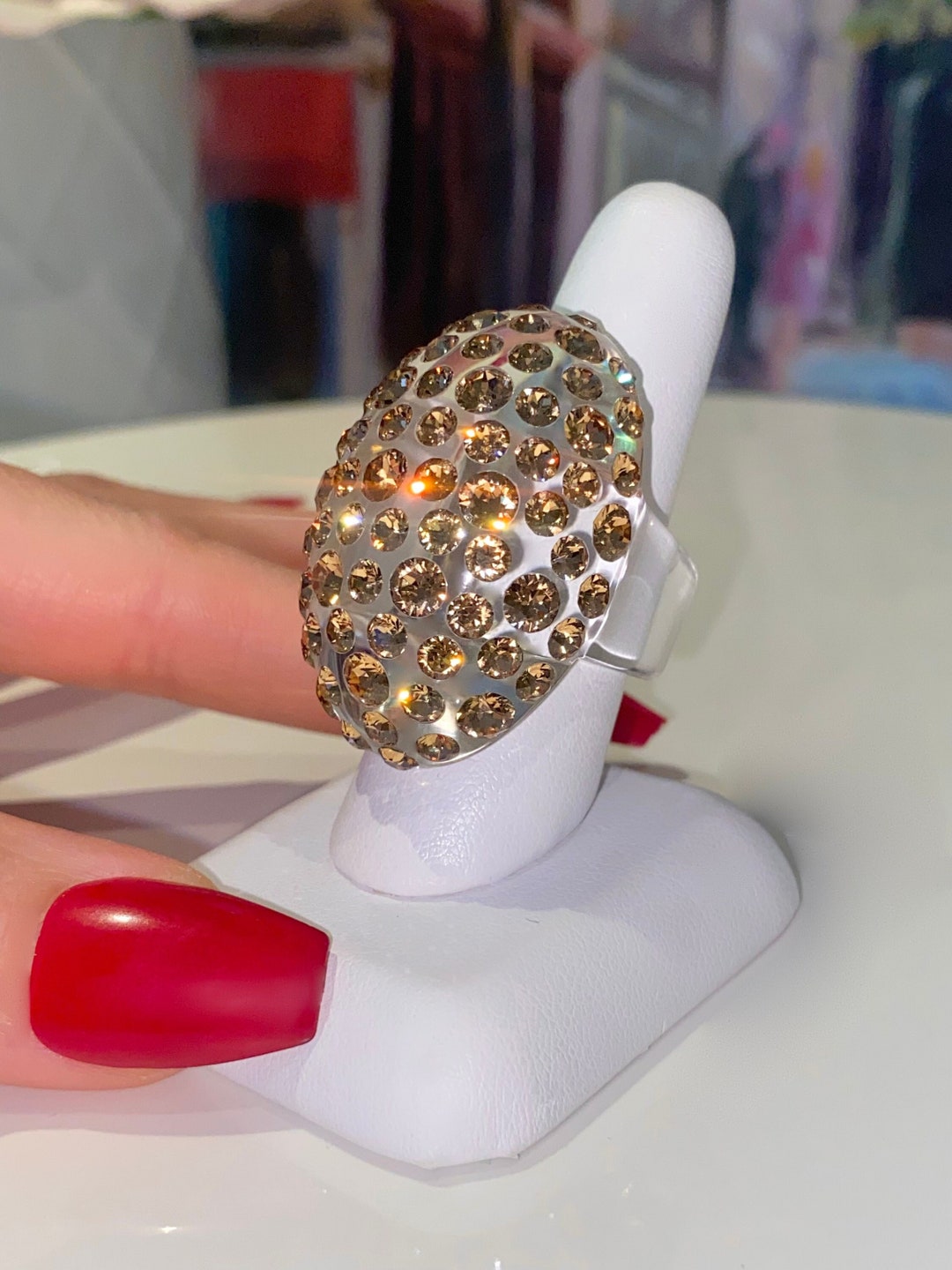 Large Gold Crystal Acrylic Dome Ring, Gold Gemstone Crystal Statement ...