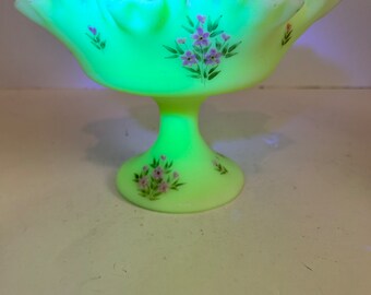 Fenton Custard Uranium Ruffled Compote Pedestal Bowl Hand Painted by Lisa C.