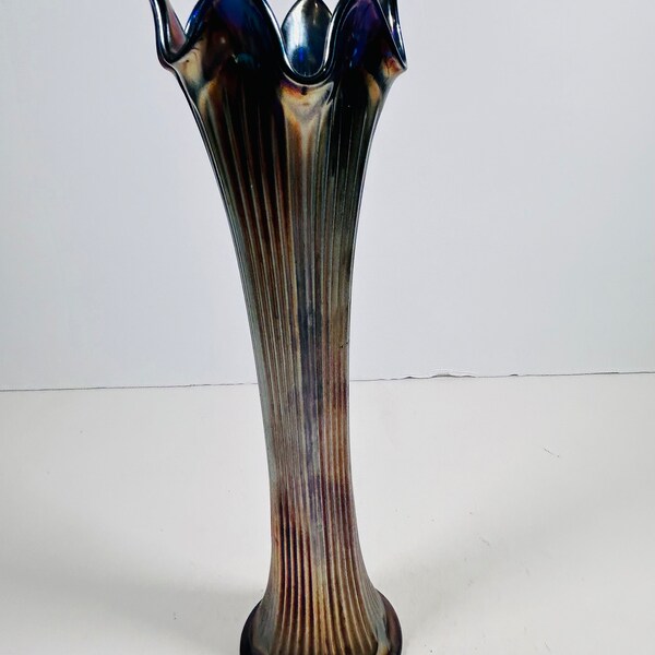 Vintage Fenton Carnival Glass 10" Jarrón oscilante azul cobalto iridiscente