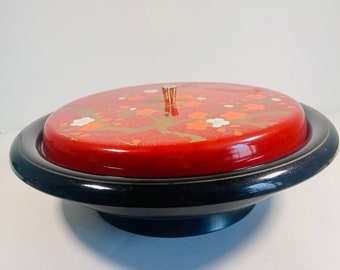 Vtg Black Red LACQUER WARE Lidded Serving Dish w/ Compartments Asian Lazy Susan