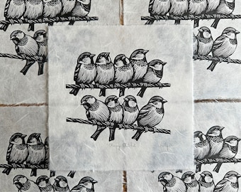 Sparrows on Telephone Wires - Original Handmade Linocut Print, Title: “Chirpy Chitchat”.