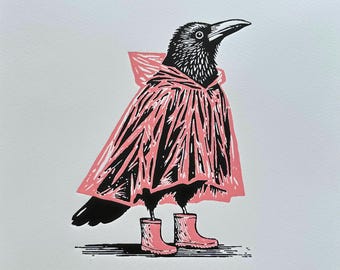 Original Handmade Linocut Print. Title: “Mac & Wellies”. Crow in a Pink Raincoat and Wellington Boots.