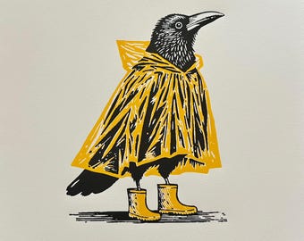 Crow Original Handmade Linocut Print. Title: “Mac & Wellies”. Crow in a Yellow Raincoat and Wellington Boots.