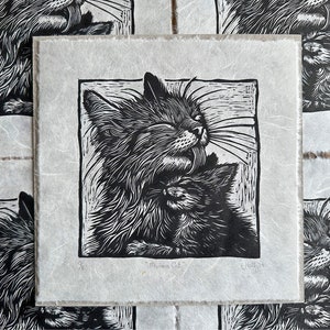 Cat Original Handmade Linocut Print - Title: Mamma Cat