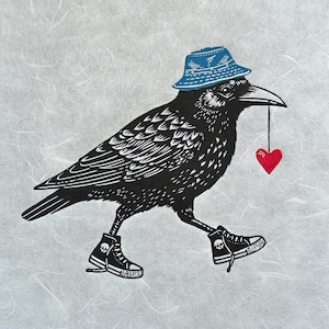 クロウオリジナルハンドメイドリノカットプリント - タイトル:「An Unflappable Heart」。
