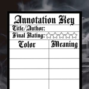 May include: A white rectangular chart with a black border, titled "Annotation Key." The chart includes sections for "Title/Author," "Final Rating," "Color," and "Meaning." The "Final Rating" section has five star icons.