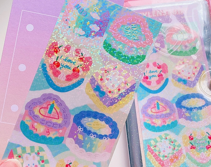 Cute Holographic Pastel cake sticker sheet | kawaii retro colorful korean cake stationery, bujo, notebook deco, diary deco, polcos, planner