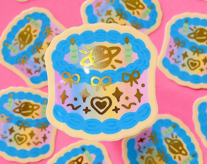 Gold Foiled Pastel Galaxy Planet Vinyl Cake sticker | Cute Kawaii korean retro cake waterproof sticker water bottle, tumbler sticker laptop