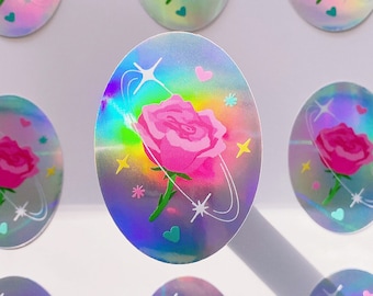 Aesthetic Cute Holographic Flower Rose sticker | waterproof sticker, water bottle sticker, ipad laptop sticker, journal planner stickers