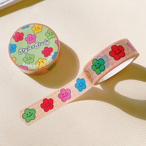 Smiley Flower Washi tape | Cute kawaii floral artsy washi tape, bullet journal, planner, 6 ring binder, kpop journal, anime journal