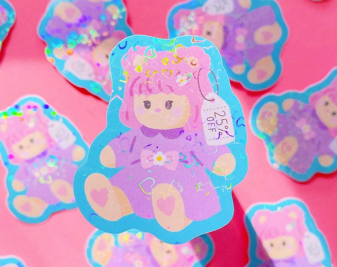 Cute Kawaii Bear on Clearance illustration Holographic Vinyl Sticker | laptop water bottle tumbler sticker, sketchbook sticker, 6 ring diary
