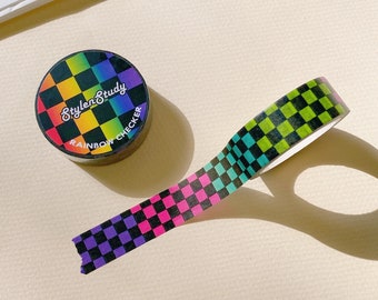 Rainbow Checker washi tape | Retro style colorful checker pattern, anime journal, bullet journal, planner, 6 ring binder, kpop journal