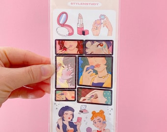 Anime girls makeup sticker sheet | scrapbook series, junk journal, bujo, kawaii stationery, planner stickers, kpop anime inspired stickers