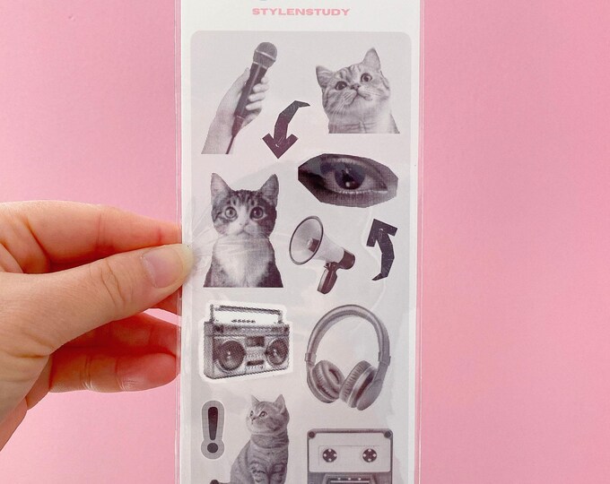 Cute retro halftone sticker sheet | scrapbook series, junk journal, bujo, kawaii stationery, planner stickers, cat stickers